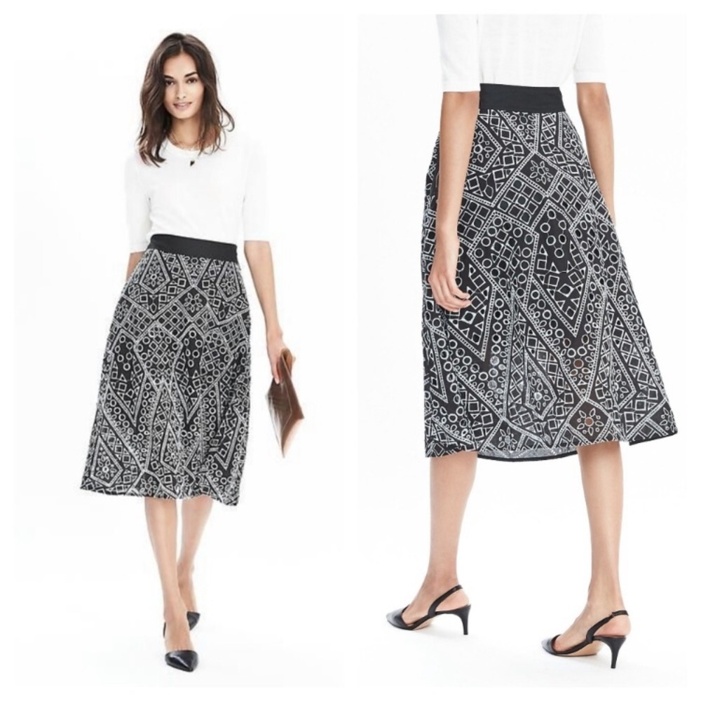 Banana Republic Geometric Lace Print Embroidered A-Line Midi Skirt Size 10